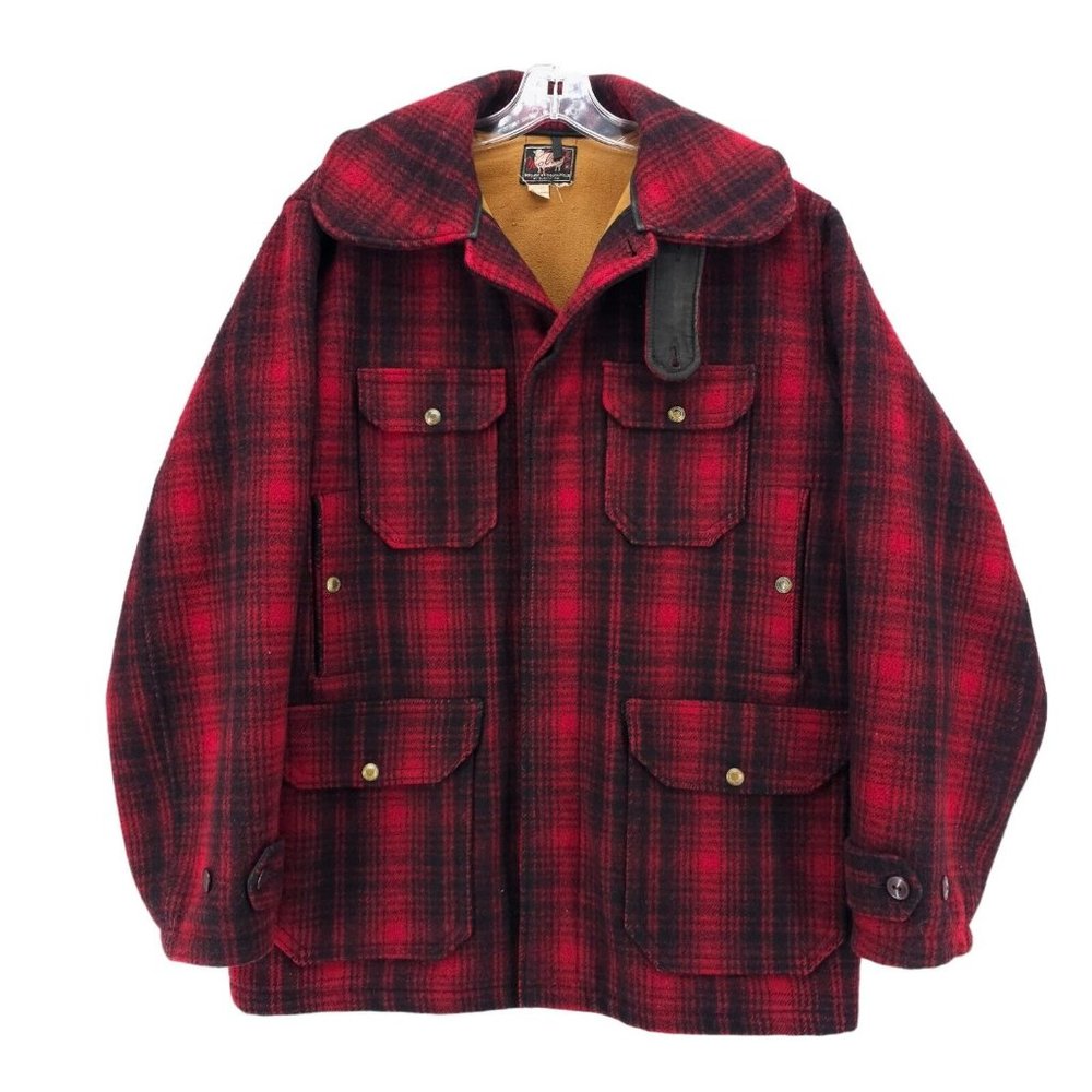 Woolrich Vintage 40s 50s Wool Hunting Jacket Red Buffalo Plaid Game Pouch Sz 40